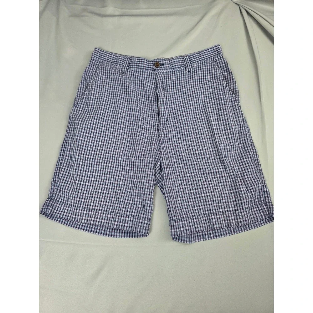 GH Bass & Co Mens Plaid Cotton Shorts Blue Red White Size 34 Flat Front Casual